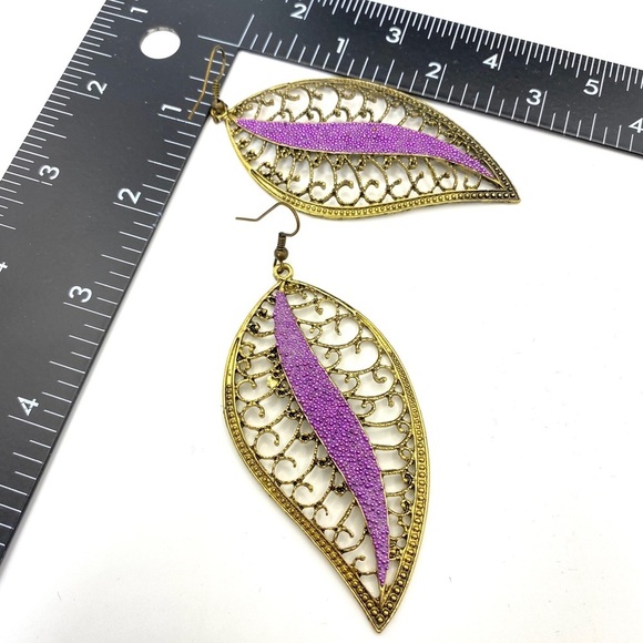 Goldtone Scrollwork Lavender Long Dangle Earrings - Picture 3 of 5